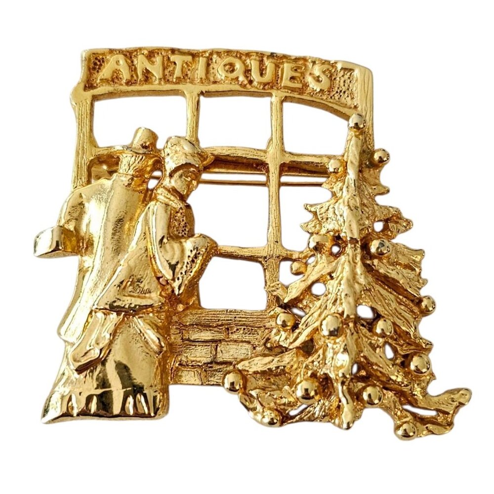 Raffine Gold Tone Brooch Antiques Store Christmas Shoppers Pin, Signed - Picture 7 of 7